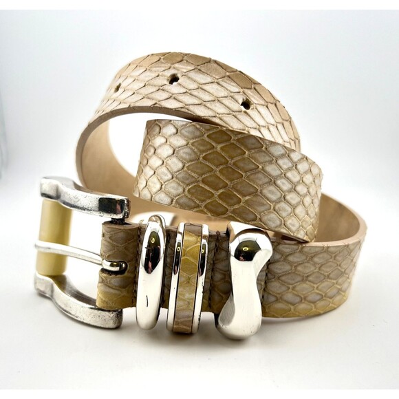 Vtg STREETS AHEAD LA Women\'s S Beige Leather Snake Embossed BELT Silver Buckle